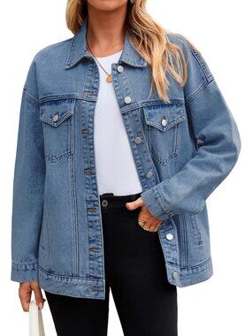 Women's Blue Denim Jacket Oversized Button Down Fall Jean Long Sleeve Jacket
